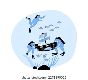 Divers Adventure-seekers Exploring Ocean Depths In Search Of Hidden Treasures Such As Gold, Silver, And Precious Gems