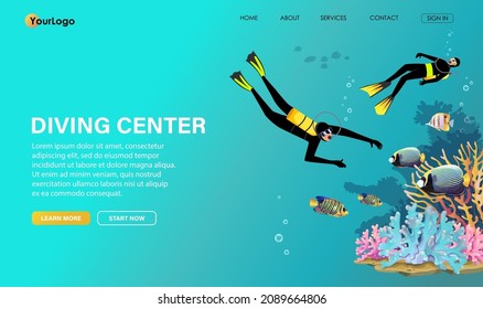 Divers with aqualungs in special underwater equipment explore beautiful coral reef, look colorful fishes. Oxygen tank, mask, flippers on swimming frogman. Scuba diving club banner. Vector illustration