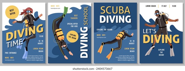 Divers cards. Cartoon men and women in scuba gear, deep sea explorers banner design, oxygen tanks, underwater masks and fins, extreme sport advertising flyers template, tidy vector set