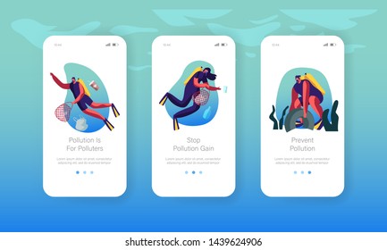 Divers Collecting Trash into Basket Underwater Mobile App Page Onboard Screen Set. Plastic Sea Pollution, Garbage, Ecology Protection Concept for Website or Web Page, Cartoon Flat Vector Illustration