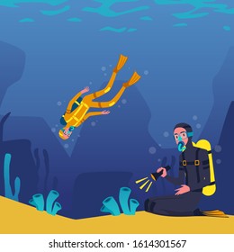 Divers in costumes cartoon characters swimming and plunging underwater, flat vector illustration on blue seascape background. Extreme sports activity and diving.