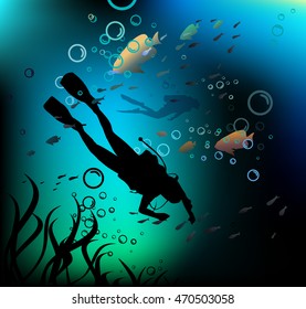 Divers in a deep immersion. Vector illustration.