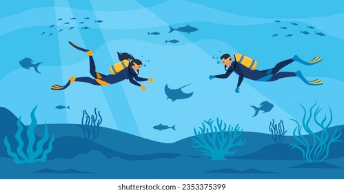 Divers with diving equipment swim in the sea. Seascape banner with people underwater. Characters wearing wetsuit with oxygen tanks and fins. Underwater world. Vector illustration