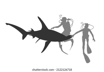 Divers diving and observing Great Hammerhead shark vector silhouette illustration isolated on white background. Underwater expedition. Scientific research Hammer head shark. Brave man ocean explorer.