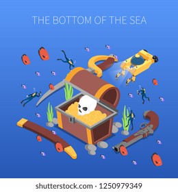 Divers during study of treasure of sea bottom isometric composition on blue background vector illustration
