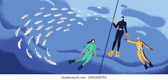 Divers group underwater, school of fish. People swimming in deep sea, under water. Hookah diving equipment, rope. Marine adventure, travel, exploring ocean life, panorama. Flat vector illustration