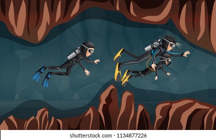 Divers guiding a young child through a cave illustration