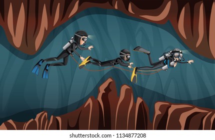 Divers helping a young boy  illustration