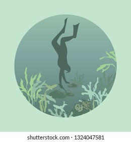 
Divers of the Korean island of Jeju. Diving. Swimming in the sea. Collection of marine mollusks. Silhouette diver. Underwater world.