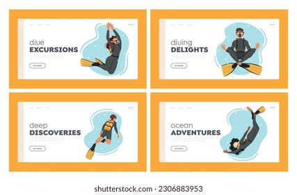 Divers Landing Page Template Set. Skilled Underwater Explorers Navigate The Depths With Precision, Bravery, And Determination. Meditate, Study Marine Life. Cartoon People Vector Illustration
