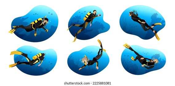 Divers male and female characters underwater hobby activities. People swimming in deep ocean, scuba diving equipment, gear, wetsuit, fins. Cartoon flat vector Illustration isolated on white background