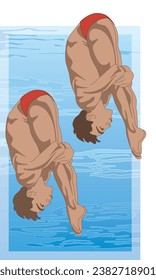 divers, male in synchronized pike diving position with swimming pool in the background