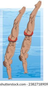 divers, male in synchronized straight diving position with swimming pool in the background