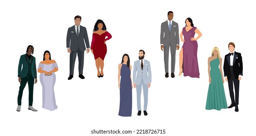 Divers of multiracial and multinational couples wearing evening formal or black tie outfits for celebration, wedding, Christmas Eve or New Year party. Happy men and women in gorgeous luxury clothes.