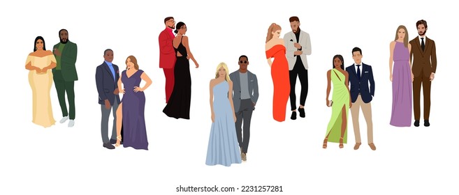 Divers of multiracial and multinational couples wearing evening formal or black tie outfits for celebration, wedding, Christmas Eve or New Year party. Happy men and women in gorgeous luxury clothes.