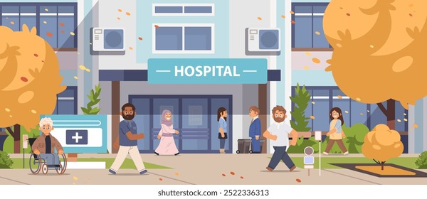 Mergulhadores multirraciais visitam o hospital. conceito de cuidados de saúde ilustração vetor plana