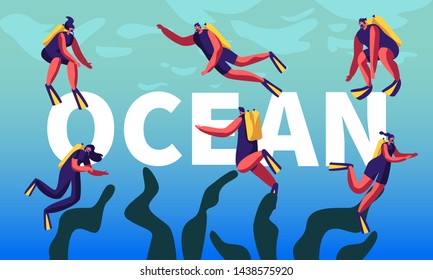 Divers in Ocean Concept. Snorkeling Male and Female Characters Underwater Fun Activities, Hobby, Swimming, Scuba Diving, Equipment Poster, Banner, Flyer, Brochure. Cartoon Flat Vector Illustration