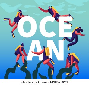 Divers in Ocean Concept. Snorkeling Male and Female Characters Underwater Fun Activities, Hobby, Swimming, Scuba Diving, Equipment Poster, Banner, Flyer, Brochure. Cartoon Flat Vector Illustration