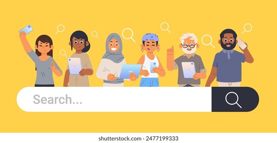 Divers people group with gadgets and search bar panel on yellow background. Searching concept flat vector