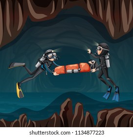 Divers rescuing a person on strecher illustration