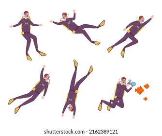 Divers scuba character. Isolated diver in flippers snorkel aqualung, sport diving swim underwater deep sea ocean, marine adventure man snorkeller, set vector illustration. Underwater diver people