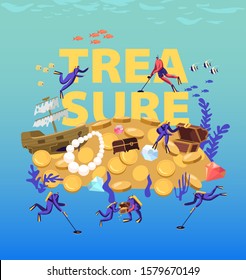 Divers Search and Found Treasures on Sandy Ocean Bottom Concept. People in Diving Suits with Metal Detectors Exploring Underwater Space Poster Banner Flyer Brochure. Cartoon Flat Vector Illustration