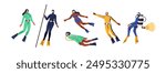 Divers set. Underwater scuba and hookah diving, snorkeling. Marine sport with gear, equipment, oxygen tank. People swimming under water, sea. Flat vector illustration isolated on white background