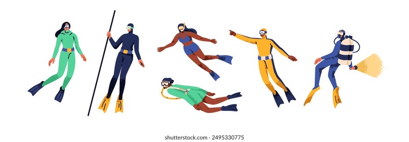 Divers set. Underwater scuba and hookah diving, snorkeling. Marine sport with gear, equipment, oxygen tank. People swimming under water, sea. Flat vector illustration isolated on white background