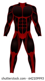 Divers suit, muscle optics - red black wetsuit for water sports - or to be worn as a hero costume - isolated vector illustration on white background.