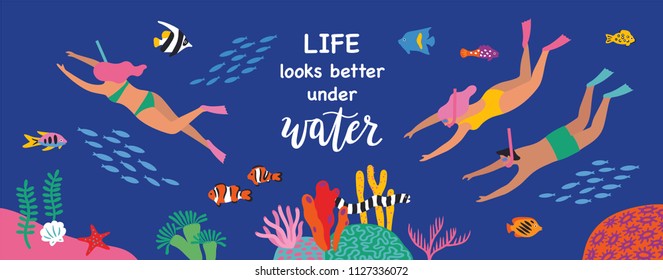 Divers swim over coral reef. Vector illustration. Horizontal banner.