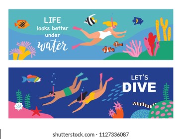 Divers swim over coral reef. Vector illustration. Horizontal banner set.