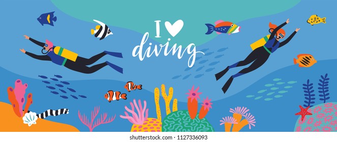 Divers swim over coral reef. Vector illustration. Horizontal banner.