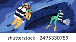 Divers swimming, discovering shipwreck underwater. Exploring wreckage in deep sea, ocean. Sunken ship wreck, ruins discovery and exploration. Dark marine scene under water. Flat vector illustration