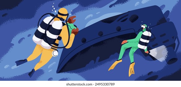 Divers swimming, discovering shipwreck underwater. Exploring wreckage in deep sea, ocean. Sunken ship wreck, ruins discovery and exploration. Dark marine scene under water. Flat vector illustration