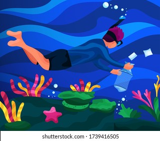 Divers swimming underwater take plastic trash, preserve the beauty of coral reefs, an illustration to commemorate World Oceans day