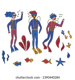 Divers with underwater fishes and plants set. Woman and two young men plunger characters in doodle style isolated on white background. Vector color illustration.