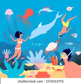 Divers. Underwater swimmers, scuba leisure snorkel. Diving in blue sea with fishes, corals. Man woman swimming with mask vector characters