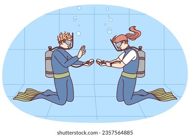 Divers in uniform in swimming pool. Man and woman diving underwater with tubes having lesson together. Scuba diving concept. Vector illustration.