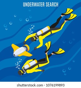 Divers with unmanned equipment during underwater search on blue background with bubbles isometric vector illustration 