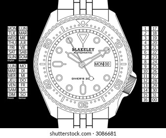 A diver's watch on separate layers. Time, day (in English, Spanish, French, and German), and date can all be changed. Strap continues under the watch for easy extension.