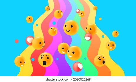 Diverse 3D Emotion Faces Reactions on Bright Rainbow Background. Vector illustration