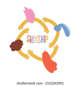 Diverse abstarct women in a circle stretching their hands to each other. Top view composition. Concept of teamwork community, allyship and feminism. Flat vector characters isolated on white background