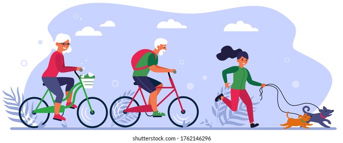 Diverse Active People Enjoying Activities In Park. Senior Couple Riding Bikes, Person Walking Dog Flat Vector Illustration. Active Lifestyle Concept For Banner, Website Design Or Landing Web Page