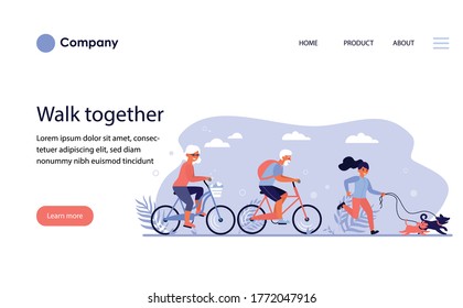 Diverse Active People Enjoying Activities In Park. Senior Couple Riding Bikes, Person Walking Dog Flat Vector Illustration. Active Lifestyle Concept For Banner, Website Design Or Landing Web Page