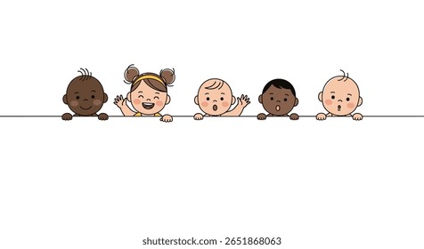Diversos bebês adoráveis espiando sobre borda com expressões alegres e rostos de bebês fofos