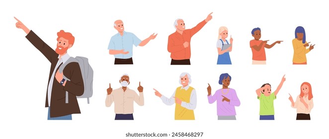 Diverse adult people and children cartoon characters pointing with hand gesture isolated set