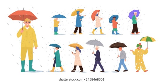 Diverse adult people and children cartoon characters walking with umbrellas during rainy autumn day