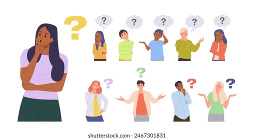 Diverse adult people and children cartoon characters with question mark over head isolated set