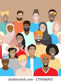 Diverse adult people, young smiling men, women standing together in crowd. Flat vector, boarder seamless pattern. International community,  Multiethnic group of students. Cultural, religion equality. 