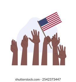 diverse african american hands holding usa flag in voting stance, unity for democracy, civil rights and american patriotism for election day concept